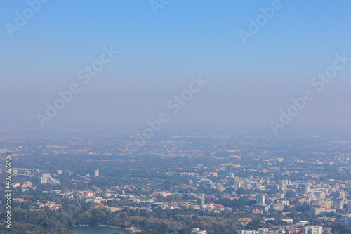Blurred images of morning smog over Chiang Mai city, causing the problem of smog caused by forest fires and causing public health problems because of the small dust that comes with the haze .