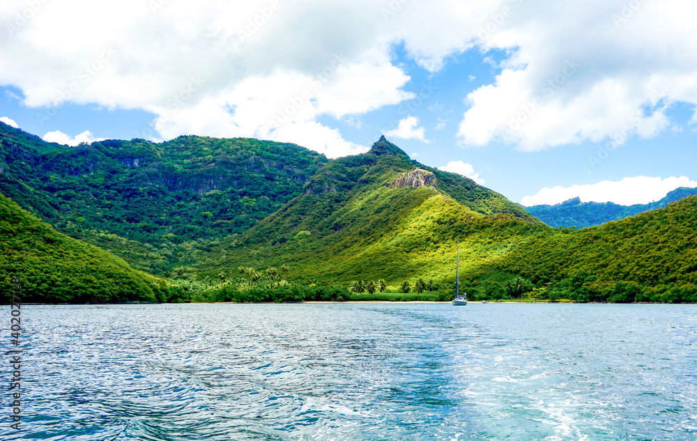 French Polynesia, Marquesas, Nuku Hiva. Boat drive along the coastline