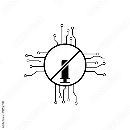 Covid-19 coronavirus vaccine. Syringe and vaccine icons. Treatment for coronavirus covid-19. Isolated vector illustration. Anti vaccine. Chip. Anti chip.