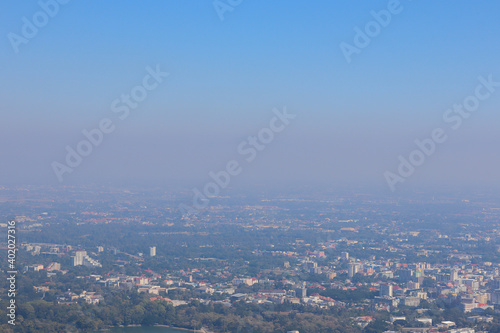 Blurred images of morning smog over Chiang Mai city, causing the problem of smog caused by forest fires and causing public health problems because of the small dust that comes with the haze .