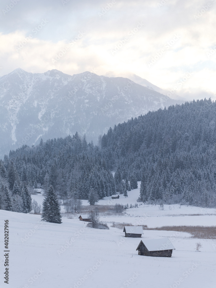 Untouched snow landscape at Lake Gerold with snow covered mountains