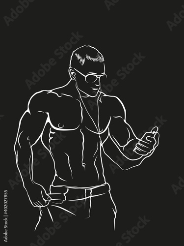 Muscle man silhouette with phone in hand, lifting weights fitness gym icon bodybuilder listening to music, athlete headphones