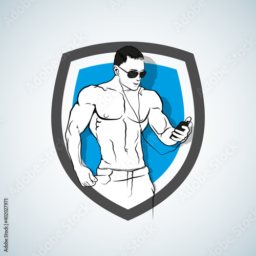 Muscle man silhouette with phone in hand, lifting weights fitness gym icon bodybuilder listening to music, athlete headphones