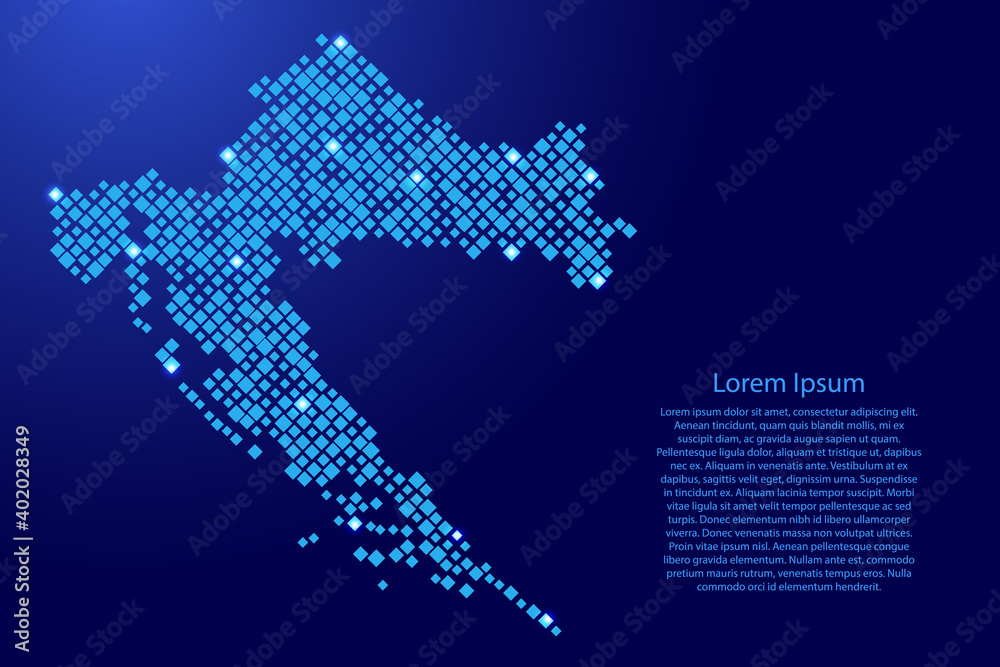 Croatia map from blue pattern rhombuses of different sizes and glowing space stars grid. Vector illustration.
