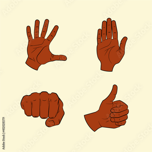 Collection human hand various gestures sketch thumbs up knuckles outline