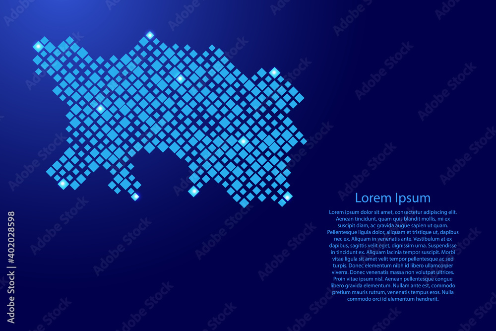 Fototapeta premium Jersey map from blue pattern rhombuses of different sizes and glowing space stars grid. Vector illustration.