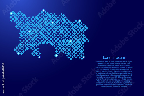 Jersey map from blue pattern rhombuses of different sizes and glowing space stars grid. Vector illustration.