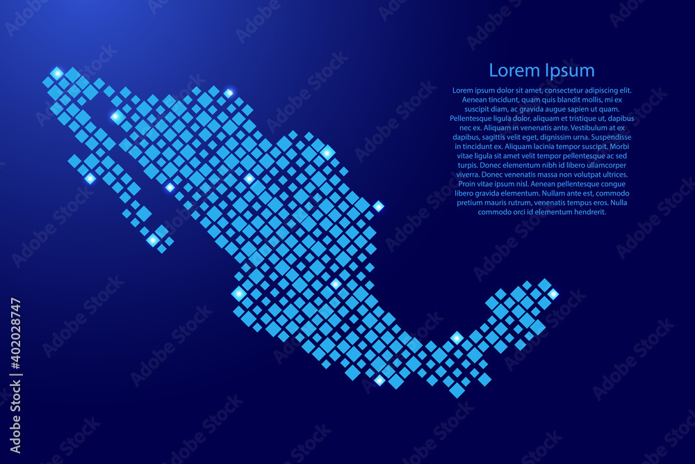 Mexico map from blue pattern rhombuses of different sizes and glowing space stars grid. Vector illustration.