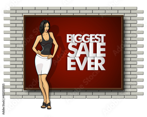 Slim girl on the background "Biggest sale ever" banner. Sexy woman in front of school board banner. Elegant lady on the background sale advertising poster. Advertising discount sale poster