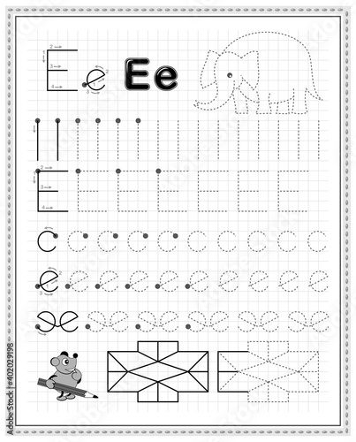 Educational page on square paper for kids. Black and white printable worksheet for children school textbook. Developing skills of counting, drawing, writing and tracing. Sheet for online education.