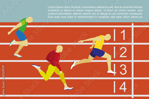 Running men profile picture. Hand drawn athletes runners in flat style art design illustrations. Sprinter sportsman runs to finish line drawing. Winner man wins the race on running track stadium