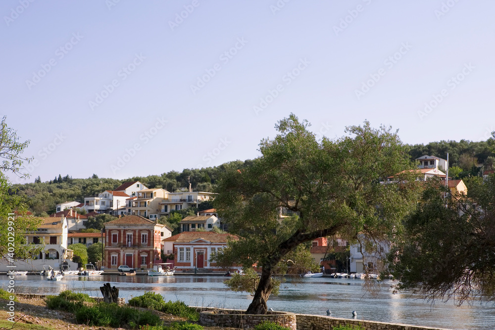 Obraz premium Gaios harbour, from the islet of Aghios Nikolaos, Paxos, Ionian Islands, Greece