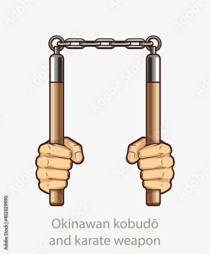 Man's hands holding nunchucks Okinawan kobudo and karate banner. Man fists nunchaku traditional Okinawan martial arts cold weapon