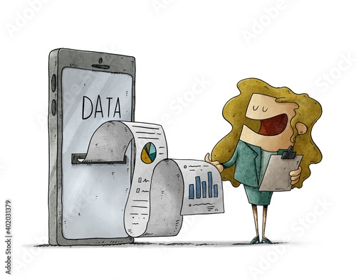 woman is extracting data from a huge mobile from which comes out a long paper with information and graphics. isolated