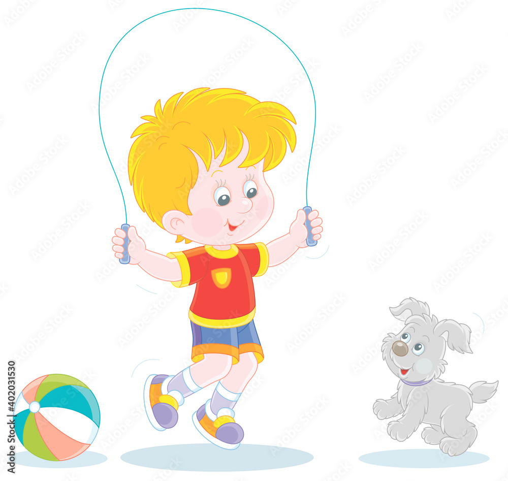 Happy little boy jumping rope with his small cute pup, vector cartoon illustration isolated on a white background Happy little boy jumping rope with his small cute pup, vector cartoon illustration isolated on a white background