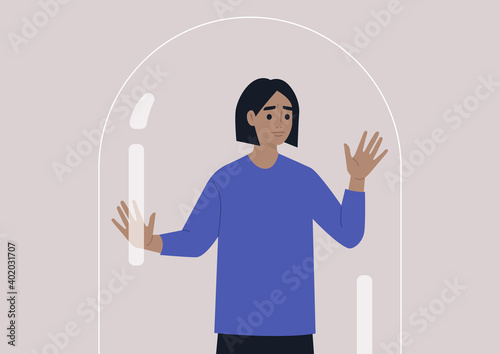 Social distancing concept, a young female worried character leaning on the glass dome wall, depression and mental health issues