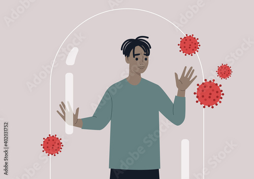 Social distancing concept, a young male worried character leaning on the glass dome wall, coronavirus outbreak