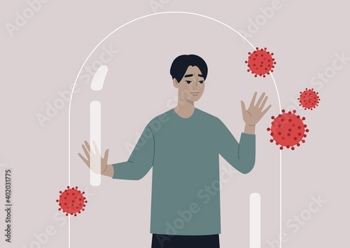 Social distancing concept, a young male worried character leaning on the glass dome wall, coronavirus outbreak