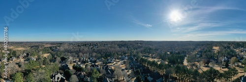Panoramic aerial view of an upscale subdivision in suburbs of Atlanta city in USA