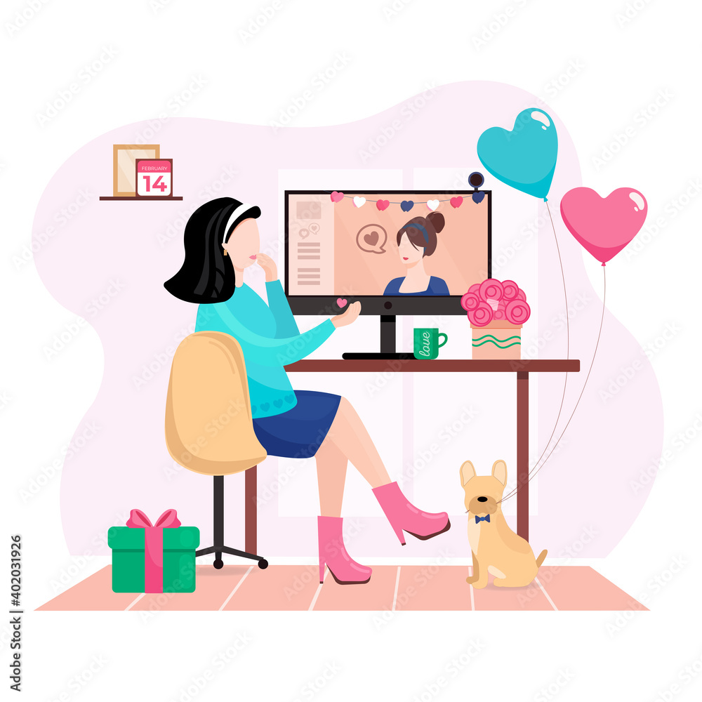 St. Valentines Day - Young woman with girl online dating. Love in the air, lesbians, LGBT, romantic online chatting. Flat illustration for web, landing page, banner. Life in a pandemic 2021. St. Valentines Day - Young woman with girl online dating. Love in the air, lesbians, LGBT, romantic online chatting. Flat illustration for web, landing page, banner. Life in a pandemic 2021.
