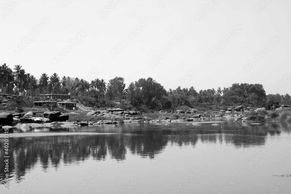 Indian river landscape in black and white