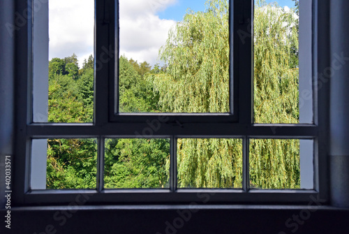 Fenster mit Ausblick auf B  ume