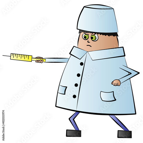 Cartoon angry doctor with syringe in color photo