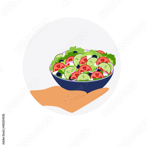 Hand giving healthy salad in a navy bowl with cucumber, lettuce, tomato, cheese and olive in it. Healthy lifestyle concept. Vector illustration in cartoon flat style