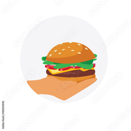 Hand holding classic American hamburger with bread, meat, beef, lettuce, tomato, sesame seeds and cheese. Fast food concept. Vector illustration in flat cartoon style.