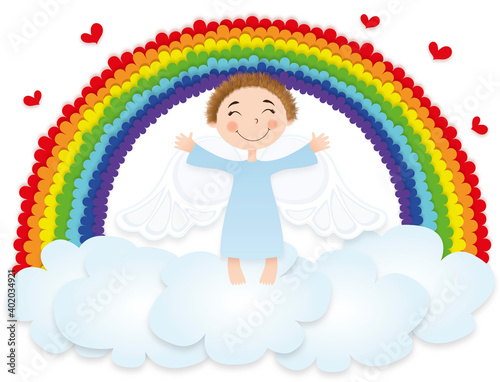 cute angel in the sky above the clouds spread his arms to the sides and smiles on a white background with red hearts and rainbow, valentine's day card, illustration