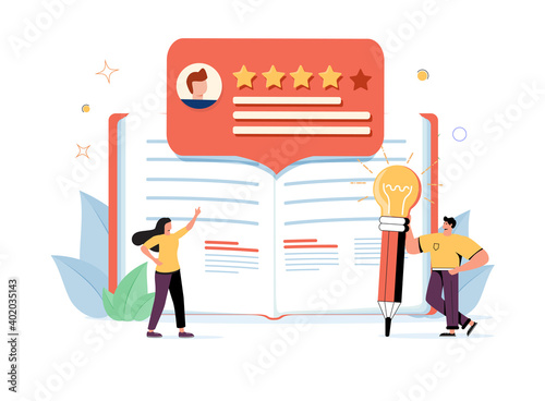 Book review vector illustration. Reading feedback flat tiny persons concept. Literature professional analysis.