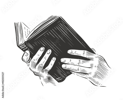 Open book in hand, sketch vintage vector illustration