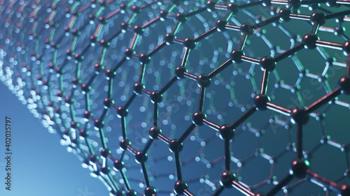 Structure of the graphene or carbon surface, abstract nanotechnology hexagonal geometric form close-up, concept graphene atomic structure, concept graphene molecular structure, 4K loop 3D animation