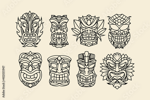 Ethnic set of fun tiki masks line art for coloring books
