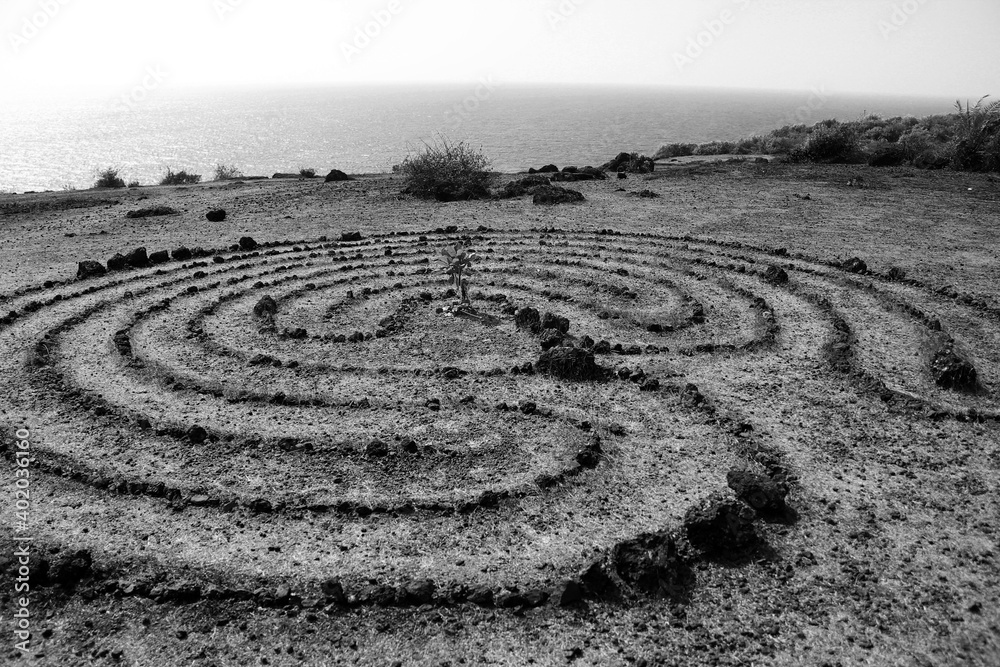 traditional maze of stones in black and white traditional maze of stones in black and white