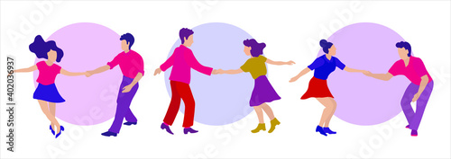 A group of young people dancing swing, lindy or rock and roll. Round phot and space for the text. Vector illustration in flat style in blue colors. Dance poster design, flyer, dance invitation