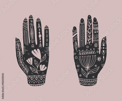 Decorative hands with flowers and plants in boho style. Vector illustration.