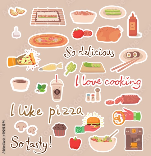 Cooking stickers vector concept icons in the flat style