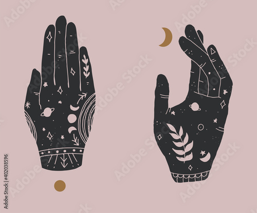 Decorative hands in boho style. Vector illustration.