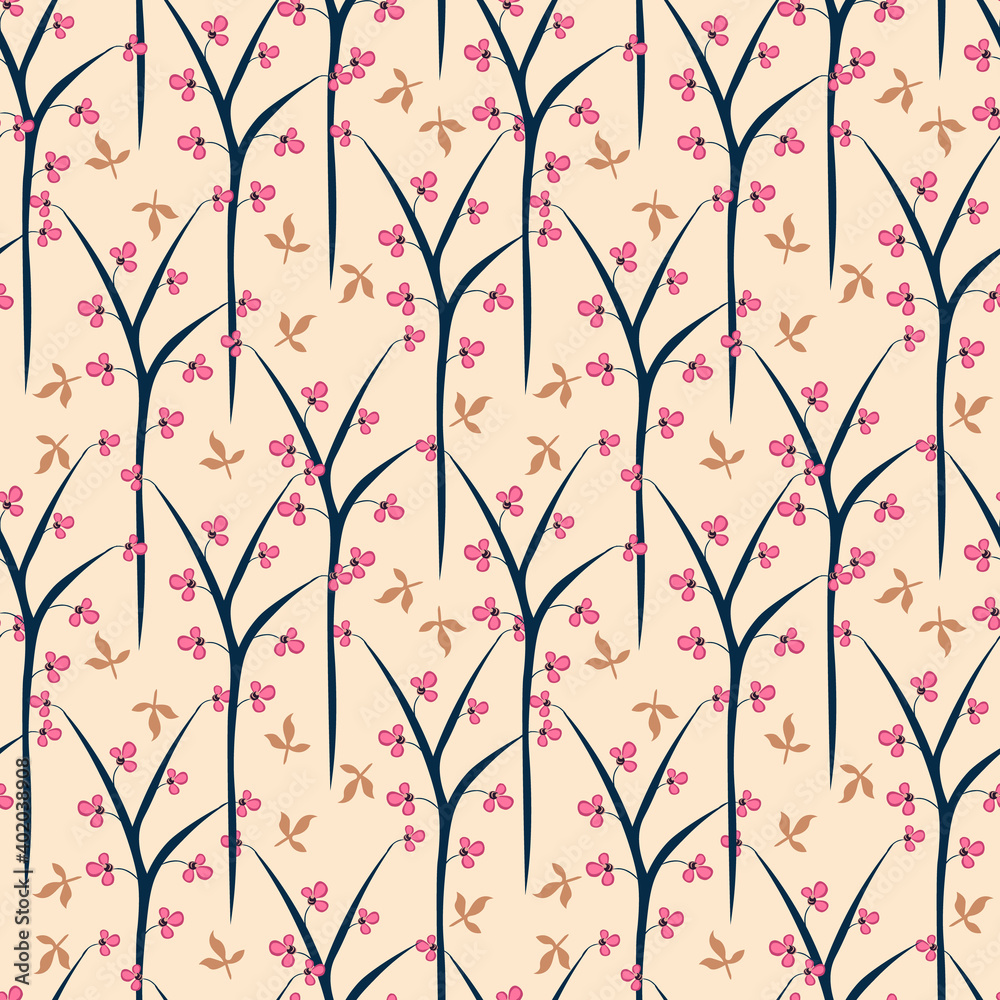 Elegant floral seamless pattern. Vector print texture with small blooming flowers, leaves, branches. Beautiful botanical composition. Background in pink, black, brown and beige color. Repeated design