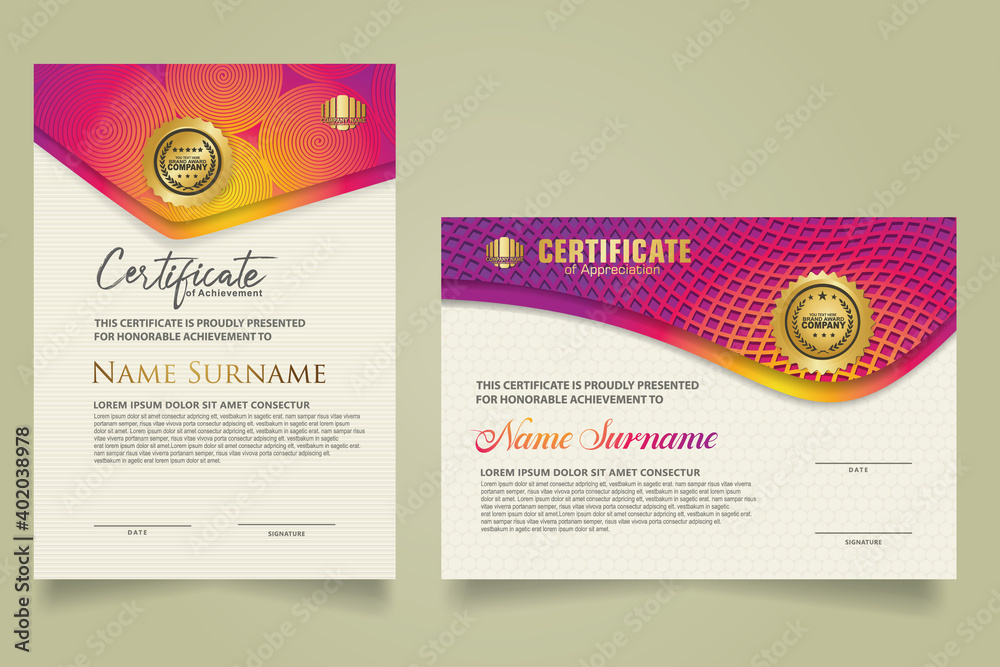 Naklejka premium Set vertical and horizontal certificate template with lines circle pattern and wave checkered lines pattern ornament. Diploma. Vector illustration