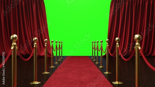 Opening and close luxure red silk curtain, decoration design. Red Stage Curtain with red velvet carpet for theater, cinema, opera scene backdrop. Grand opening, ceremony presentation, 4K 3D Animation