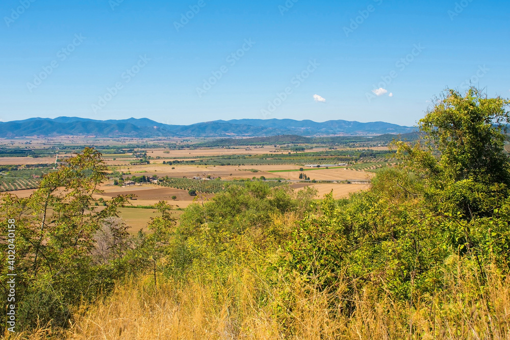 The landscape close to the Roselle or Rusellae Archaeological area near Grosseto in Tuscany, Italy.
