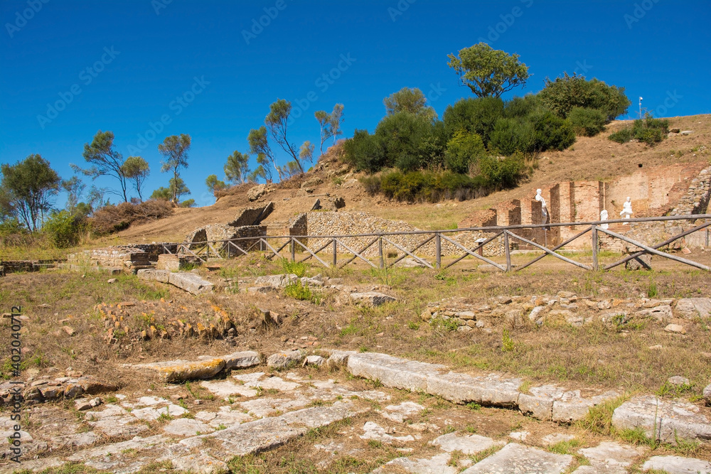 Grosseto, Italy - September 4th 2020. The ruins of the Bassi Basilica in Roselle or Rusellae, an ancient Etruscan and Roman city in Tuscany
