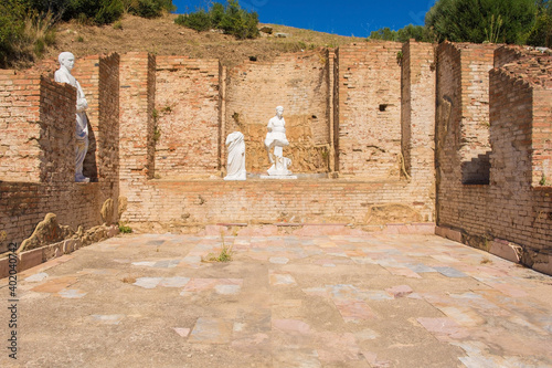 The ruins of the Bassi Basilica in Roselle or Rusellae, an ancient Etruscan and Roman city in Tuscany. The apses contain statues dating from the 1st century A.D 
