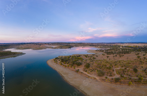 Drone aerial panorama of a dam lake reservoir landscape in Terena  Portugal