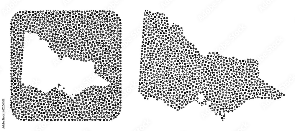 Map of Australian Victoria collage designed with round items and hole. Vector map of Australian Victoria mosaic of round items in various sizes and gray color tints. Designed for abstract purposes.