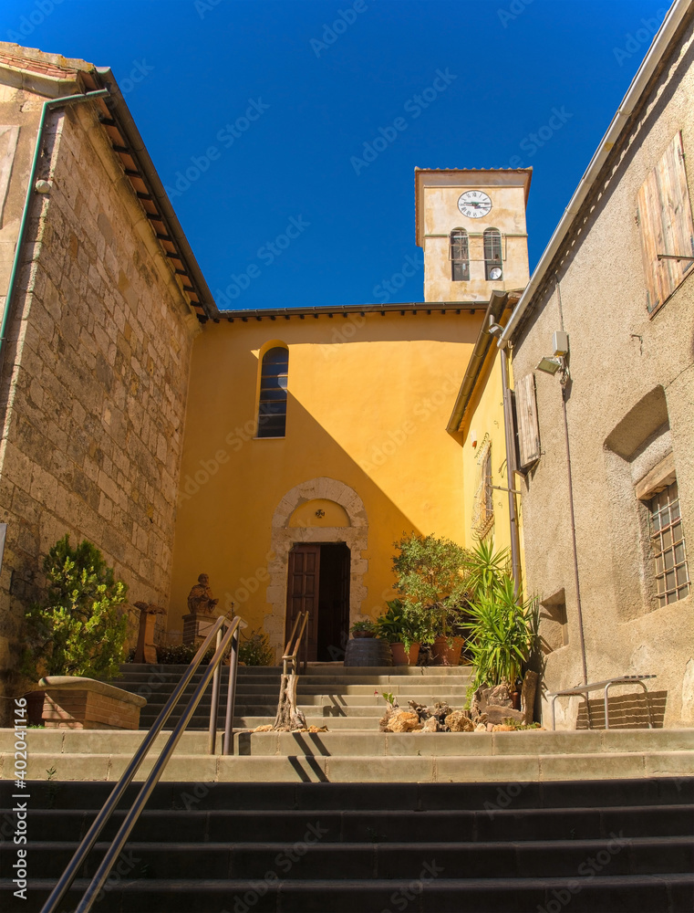 The 12th century church, Pieve di San Martino, in the historic village of Batignano, Grosseto Province, Tuscany, Italy
