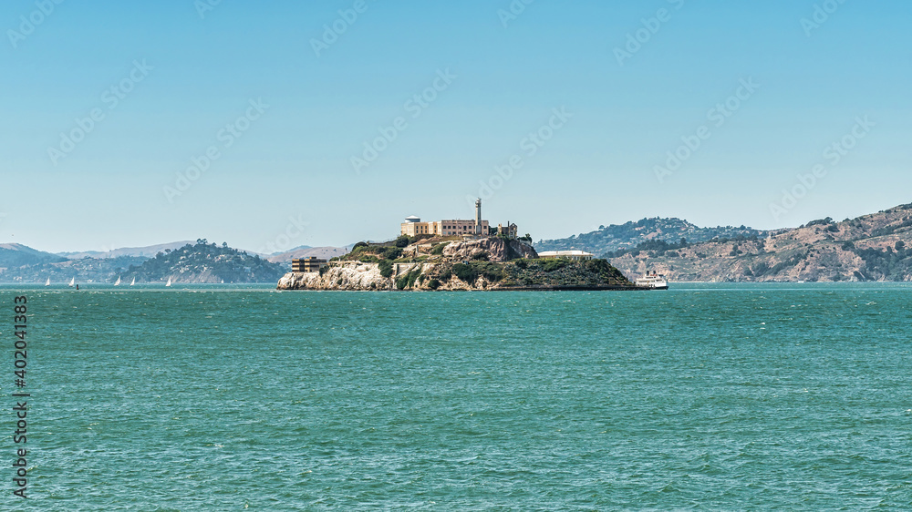 San Francisco, California, USA - August 2019: Alcatraz island in San Francisco Bay