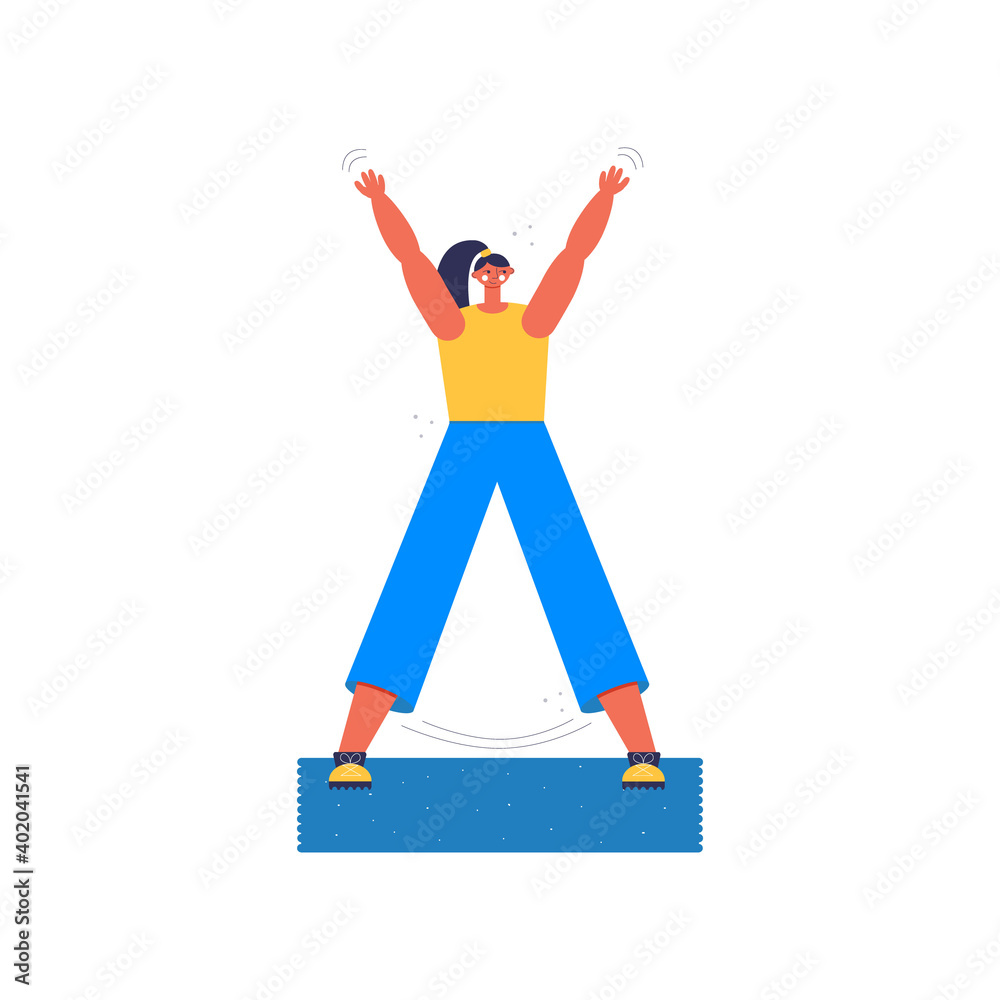 Woman jumping on a mat. Young woman working out at home or in the gym. Healthy lifestyle. Healthy life vector illustration